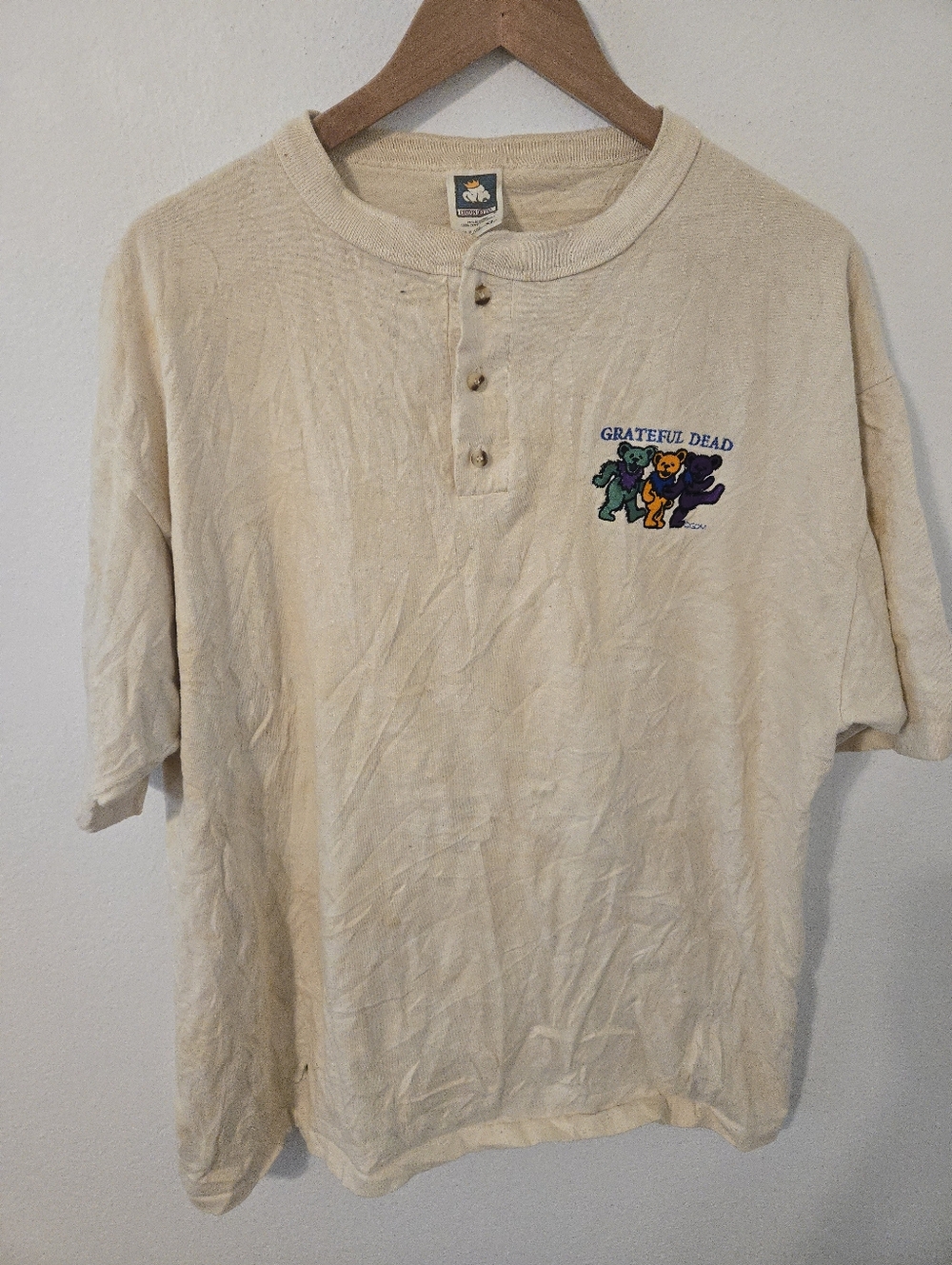 Vintage Grateful Dead Dancing Bears Henley Shirt Men XL White Embroidered
